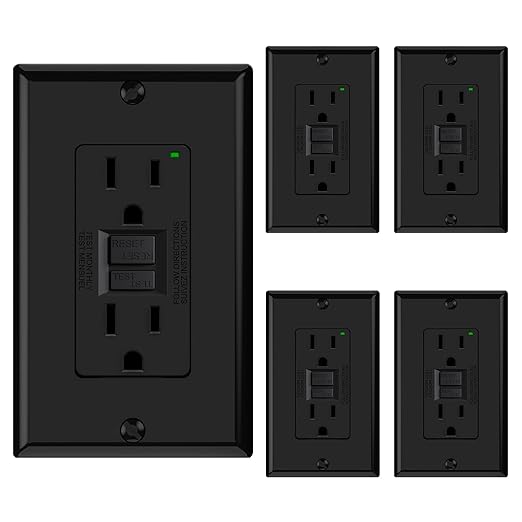 ELEGRP GFCI Outlet 15 Amp, Self-Test GFI Electrical Outlet with Narrow Design, GFCI Receptacle with LED Indicator, UL Listed, Black, Wall Plate Included, 5 Pack