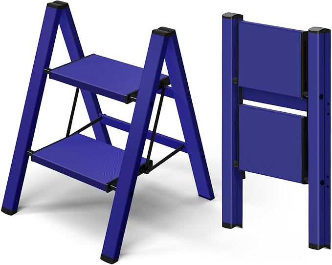 Taranta 2 Step Ladder,Aluminum Lightweight Folding 2 Step Stool with Anti-Slip Wide Pedal,330lbs Capacity Step Ladder for Household,Kitchen,Office - Blue
