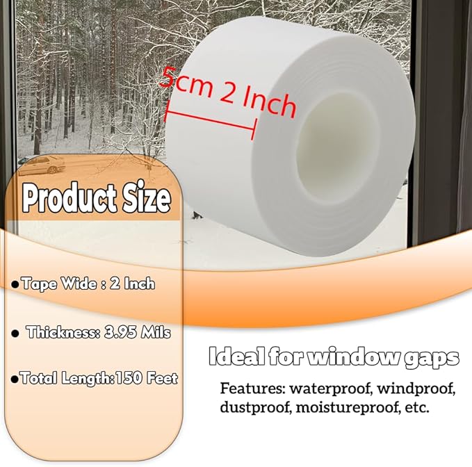 Window Insulation for Winter Weather Sealing Tape 2 Inch x 50 Yards Weather Stripping Residue Free Draft Isolation Sealing Film Tape for Doors Windows and Shower Glass Gaps White Color