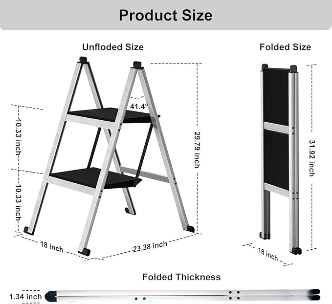 2 Step Ladder,Aluminum Ultra Thin Folding Step Stool,400 Lbs Capacity with Anti-Slip Sturdy and Wide Pedal,Closet Step Ladder for Home,Kitchen and Office,Space Saving (Silvery White, 2-Step)