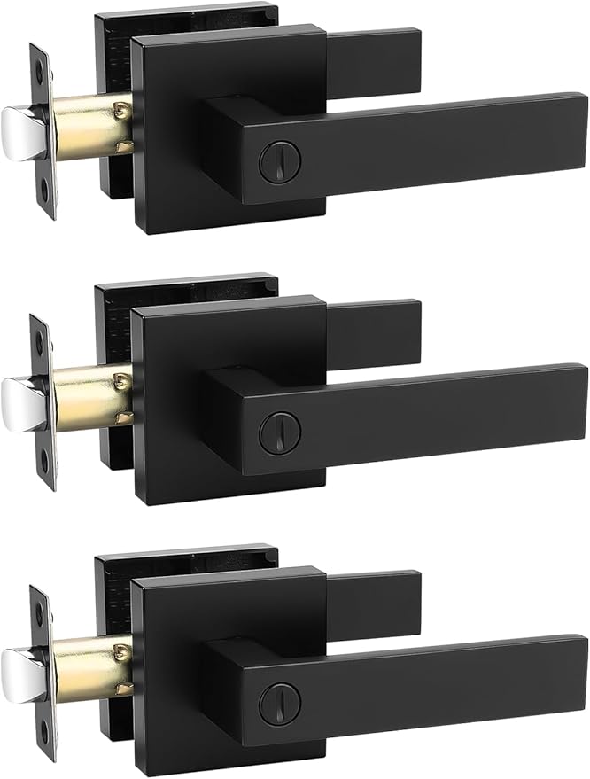 3 Pack Square Privacy Door Levers Locksets in Matte Black Finish, Bed/Bath Door Levers Keyless Interior Handles,Reversible for Left Right Handed Doors