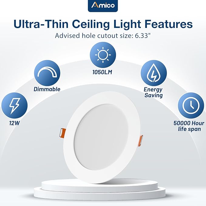 Amico 36 Pack 6 Inch 5CCT Ultra-Thin LED Recessed Ceiling Light with Junction Box, 2700K/3000K/3500K/4000K/5000K Selectable, 1050 Lumens, Dimmable Canless Wafer Downlight, 12W Eqv 110W-ETL&FCC