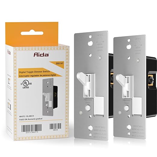AIDA Toggle Slide Dimmer Switch for Dimmable LED Light/CFL/Incandescent 600 Watt max, Single-Pole or 3-Way, Rocker On/Off Wall Switch with Dimmer Slider, Wall Plate NOT Included, UL, White, 2 Pack