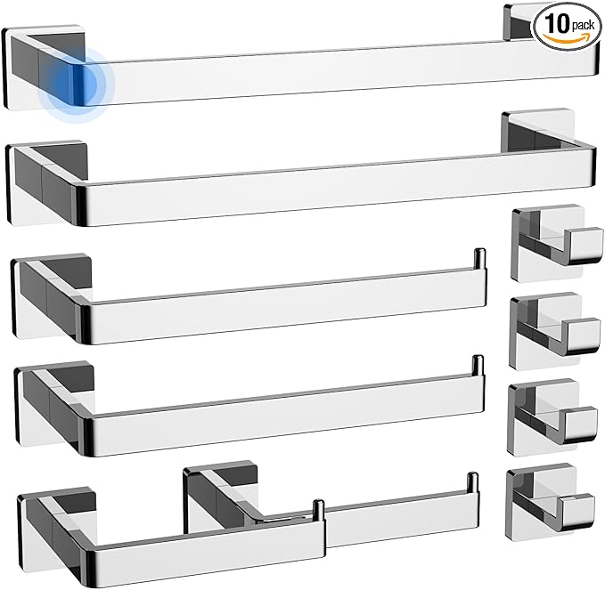 Toilet Paper Holder Collision Avoidance Towel Racks for Bathroom Thickened Material 304 Stainless Steel Towel Rack 10-Piece Towel Bar Polished Chrome Bathroom Hardware Set Will Not Rust