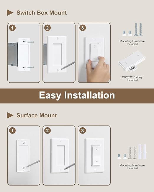 Remote Control Light Bulb Socket, Decorator Rocker Wall Switch, 200FT Range Wireless Light Switch for Pull Chain Light Fixture, E26 E27 Base, No Wiring Needed (1 Wall Switch and 2 Sockets)