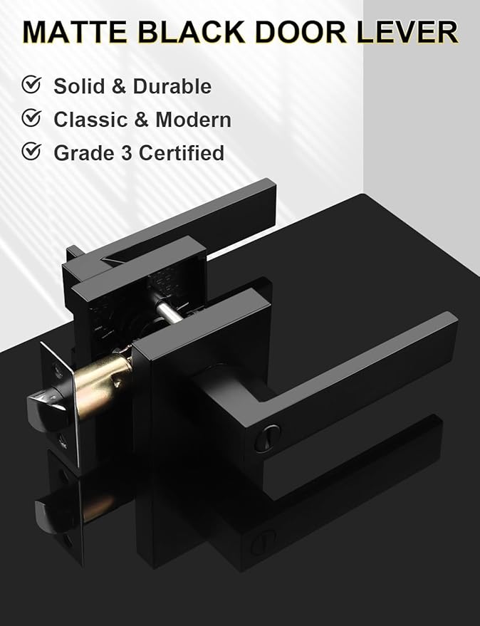 1 Pack Square Privacy Door Levers Locksets in Matte Black Finish, Bed/Bath Door Levers Keyless Interior Handles,Reversible for Left Right Handed Doors
