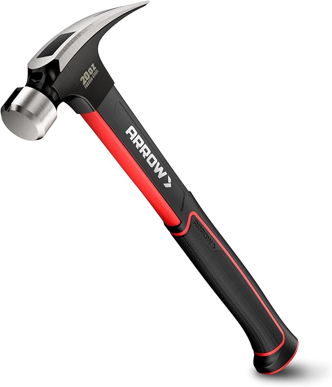 ARROW 20oz Straight Claw Hammer with Magnetic Nail Holder, Smooth Face and Forged Steel Head, Shock-Absorbing Fiberglass Handle, for Carpentry and General Purpose