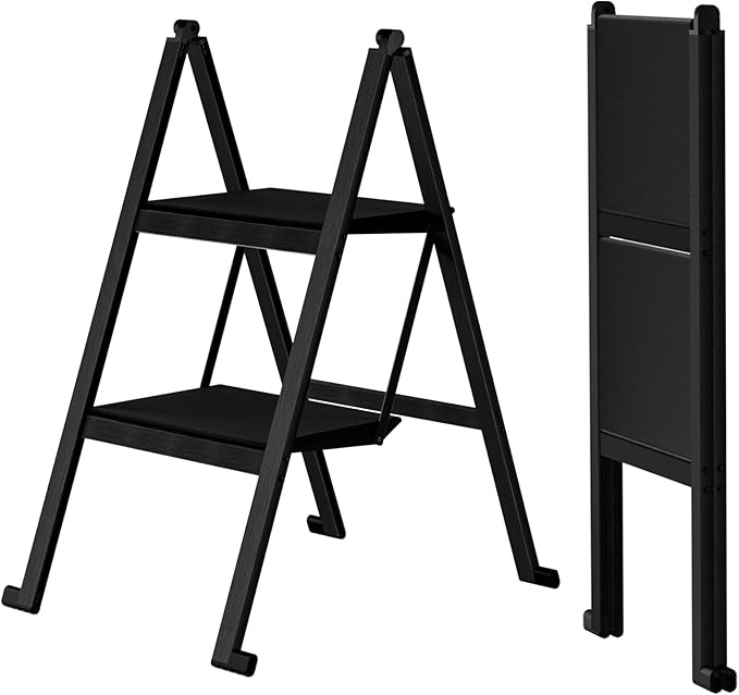 2 Step Ladder,Aluminum Ultra Thin Folding 2 Step Stool,400 Lbs Capacity Heavy Duty with Anti-Slip Sturdy and Wide Tread,Closet Slim Step for Home,Kitchen and Office,Space Saving (Black, 2-Step)