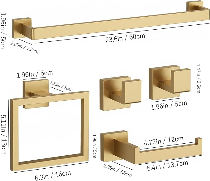 10-Piece Brushed Gold Bathroom Accessories Set – 23.6" Towel Bar, Towel Ring, Toilet Paper Holder & Hooks, Wall Mounted Bathroom Hardware, Rust & Corrosion-Resistant, Ideal for Modern Bathrooms