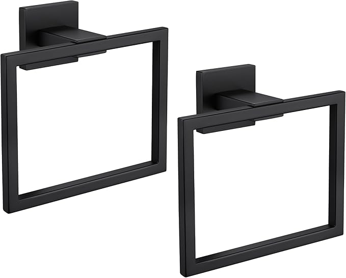 LANC Hand Towel Rings for Bathroom Wall Mount Matte Black Square Hand Towel Holder Command Towel Hanger for Bathroom Lavatory Towel Holder Stainless Steel Modern Towel Rack Hanger 2 Pack, A8896MB-P2