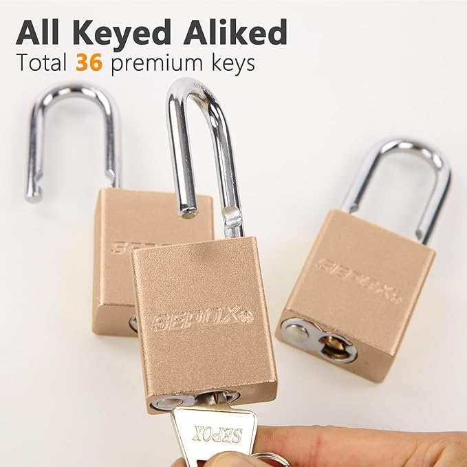 SEPOX® 12 Pcs Ultra-Durable Anti-Rust Outdoor Padlocks - Gold Aluminum, 38mm (1-1/2") with Long Shackle & 24 Same Keys, Ideal for Gate, Storage, Locker, Fence & Lock-Out, High Security