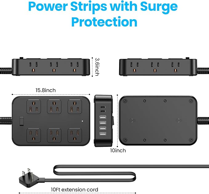 Flat Plug Power Strip Surge Protector with 12 AC Outlets 6 USB Ports 3 Side Multi Plug Outlet Extender 10 Ft Extension Cord for Home Office Kitchen Dorm Wall Desk Charging Station ETL Listed