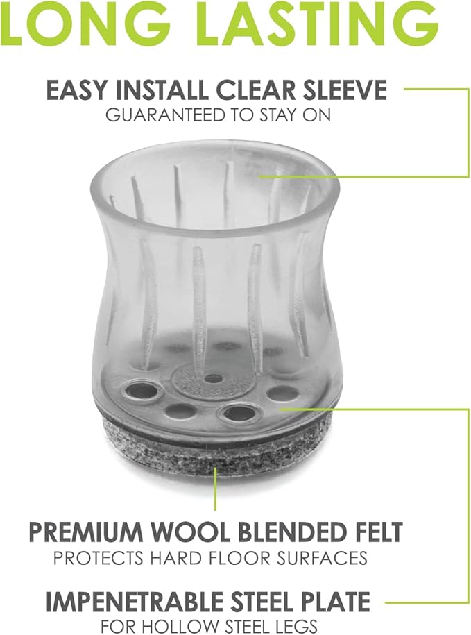 Slipstick GorillaFelt Chair Leg Floor Protectors for Hardwood Floors, Clear Sleeve Felt Pads for Furniture That Stay On, Fits Round & Square Legs, Includes 8 Premium Transparent Chair Socks, CB186