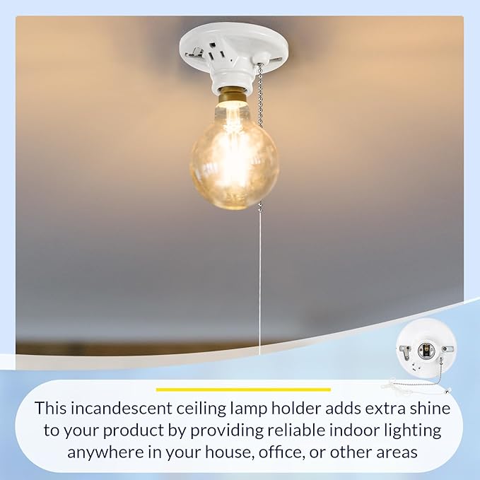 4 Pack Porcelain Light Socket with Outlet and Pull Chain Light Fixture, Bulb Socket with Grounded Outlet, E27/e26 Base, Porcelain Box Mount for Indoor Garage Closet Lighting