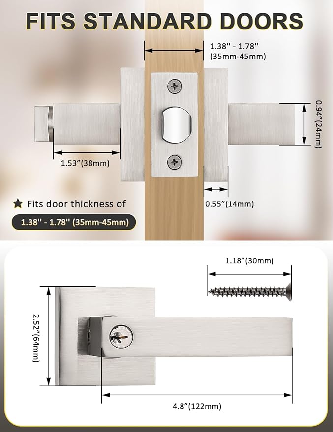 3 Pack Square Entry Door Levers with Lock and Key, Brushed Nickel Entrance Door Handles, for Exterior or Interior Doors, Bedroom, Office, Hotel (Each with 3 Keys)