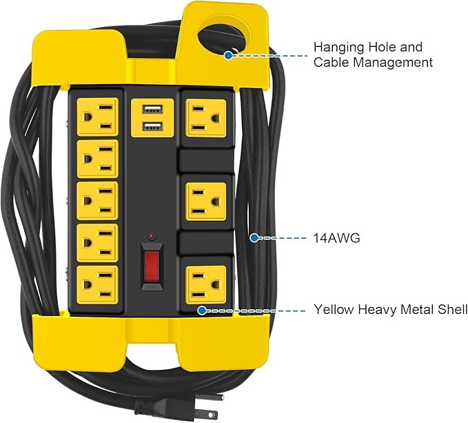 Heavy Duty Power Strip with USB, Workshop 8 Outlet Surge Protector 2700 Joules, Industrial Metal 15Amp Power Strip, 10 FT Extension Cord and Wide Spaced Black.