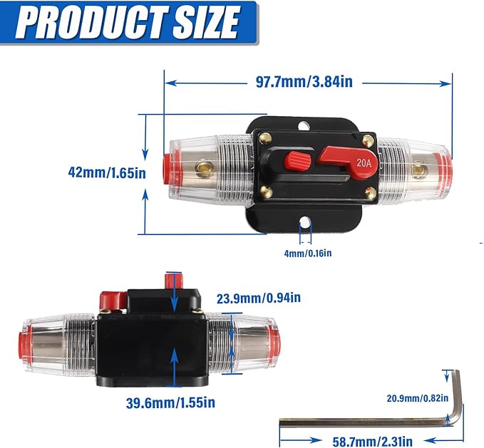 BOJACK 20A Audio Inline Circuit Breaker Reset Fuse Holder 12-24V DC Manual Reset Fuse Holder 3-15 AWG Overload Protection for Car Audio Sound Amplifier System RV Marine Boat Truck Solar Inverter