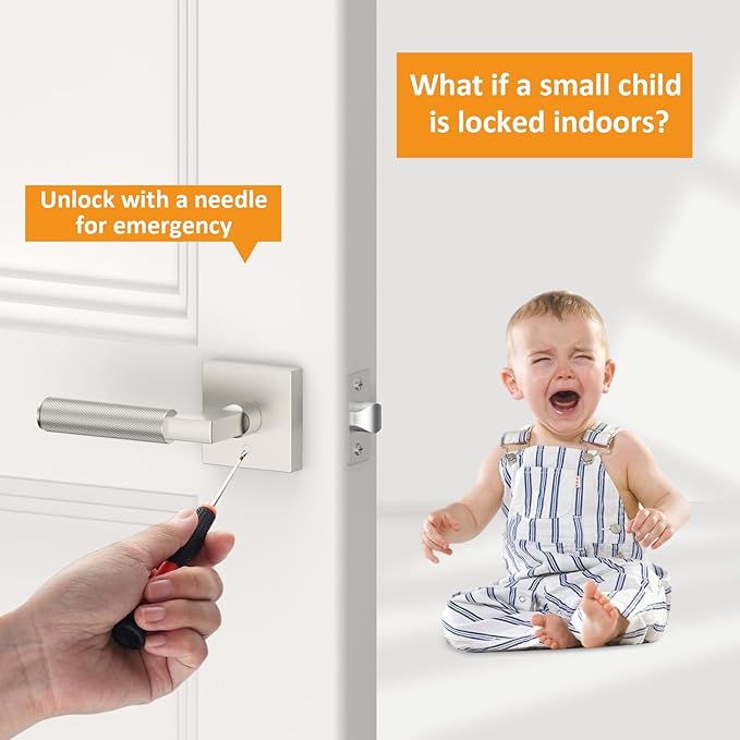 Amerdeco 1 Pack Privacy Door Handles, Brushed Satin Nickel Interior, Knurled Lever, Heavy Duty for Bedroom and Bathroom, Reversible Keyless for Right & Left Side AM0021