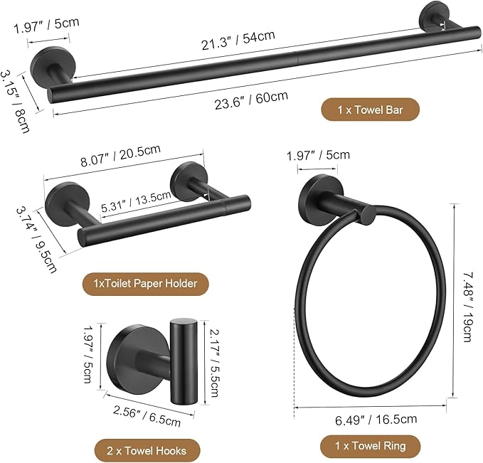 TURS Matte Black 5 Piece Bathroom Hardware Set, SUS304 Stainless Steel Bath Towel Bar Set, 24 Inch Round Bathroom Accessories Kit Wall Mounted