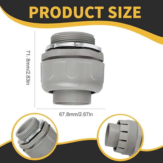 Conduit Connectors, 1-1/2 Inch Liquid Tight Connector NPT Non-Metallic for PVC Electrical Flexible Conduit Fittings, 180 Degree Straight, UL Listed for Home Outdoor Tubes Tools, Grey (5-Pack)
