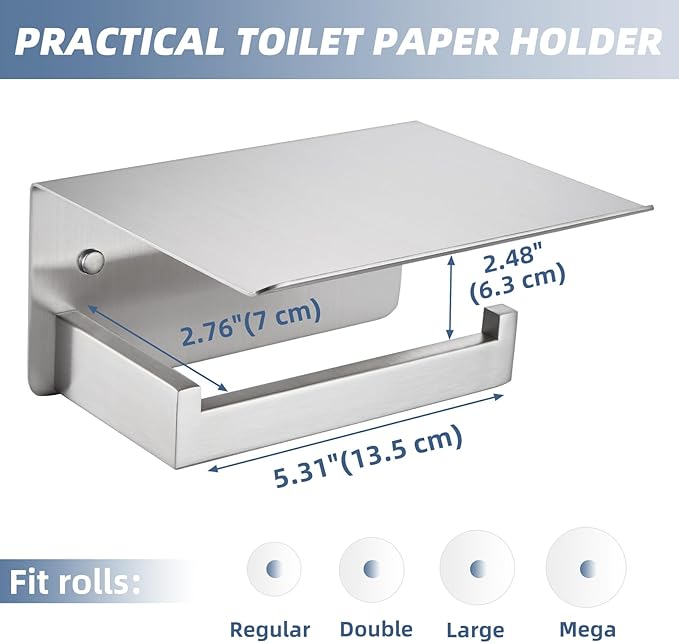 APLusee Brushed Nickel Toilet Paper Holder with Phone Shelf, 304 Stainless Steel Toilet Tissue Roll Holder, Wall Mounted Bathroom Paper Roll Dispenser
