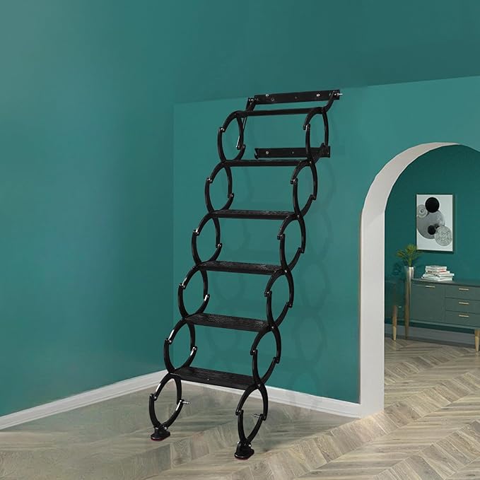 6 Steps Wall Mounted Attic Ladder, Indoor Attic Stairs Pull Down System, Metal Telescoping Step Ladders, Anti-Slip Retractable Folding Stair, Loft Extension Steps Staircase (White, 6 Steps)