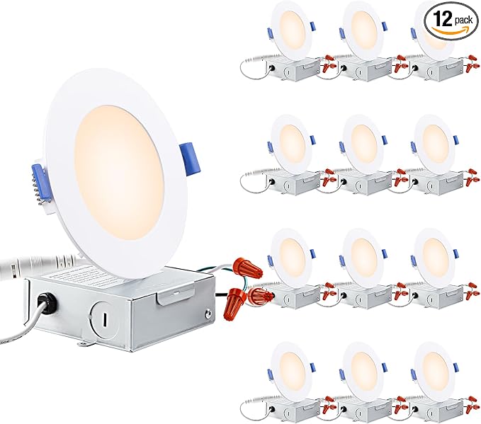 TORCHSTAR Basic Series 12-Pack 4 Inch Ultra-Thin LED Recessed Lighting with Junction Box, Aluminum, 2700K Soft White, 5%-100% Dimmable Slim Recessed Downlight, 10W 650LM, ETL and Energy Star