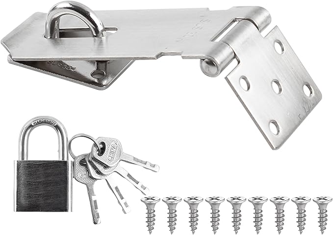 HOWDIA 180 Degree Hasp Lock Latch with Padlock, 4 Inch Stainless Steel Pad Lock Latches Locking Latch Security Door Clasp Hasp for Shed/Gate/Storage(Silver)