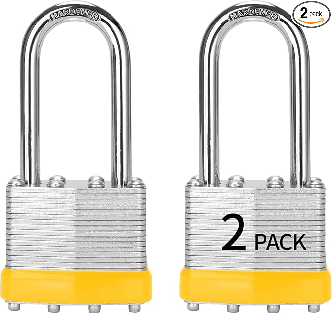 Padlocks Keyed Alike, Pack of 2, Laminated Steel Keyed Lock (1-9/16", 40mm), Padlocks with Same Key, Long Shackle, for Toolbox, Locker & StorageUnit or More