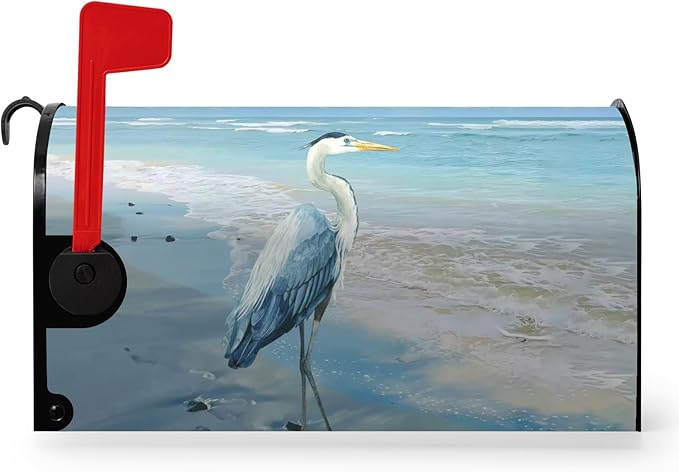 Heron Beach Mailbox Covers Oversized Summer Nautical Blue Mailbox Cover Magnetic Large Size 25.5x21 Inch Coastal Sea Bird Letter Post Box Wraps Decor for Garden Yard