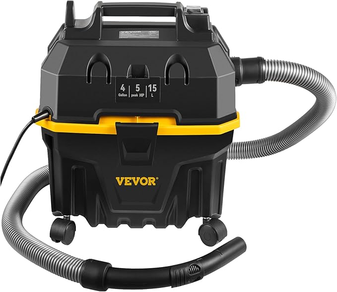 VEVOR Shop Vac Wet and Dry Vacuum Cleaner 4 Gallon 5 Peak HP - Powerful Suction with Blower Function & Attachments 3-in-1 Crevice Nozzle - Perfect for Car Carpet Debris Pet Hair Black/Yellow