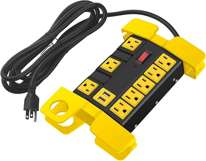 Heavy Duty Power Strip with USB, Workshop 8 Outlet Surge Protector 2700 Joules, Industrial Metal 15Amp Power Strip, 15 FT Extension Cord and Wide Spaced Black.