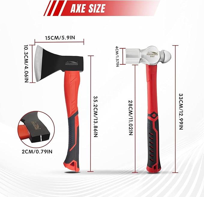 2-Piece Outdoor Axe and 2lb Ball Peen Hammer Set, 13.8" Camping Hatchet with Forged Steel Blade & Heavy Duty Metal Hammer for Wood Splitting, Metalworking, Bushcraft, DIY & Survival Tasks