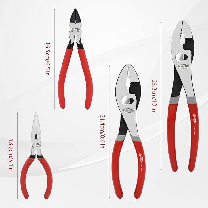 4-Piece Tool Set with Case Including 8-In and 10-In Slip Joint Pliers, 6” Flush Cutter, 5” Needle Nose Pliers for DIY & Home Use