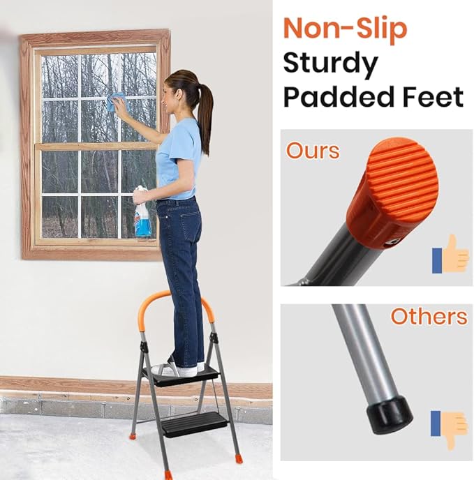 2 Step Ladder Folding Step Stool, 330lbs Heavy-Duty Steel Ladder with Anti-Slip Wide Pedals & Comfort Handgrip, Lightweight & Portable for Home, Kitchen, Garage