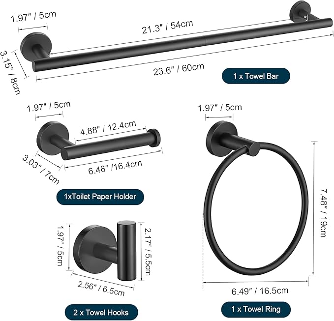 TURS Matte Black Bathroom Hardware Set 5 Piece, SUS304 Stainless Steel Bath Towel Bar Set, 24 Inch Bathroom Accessories Kit Wall Mounted