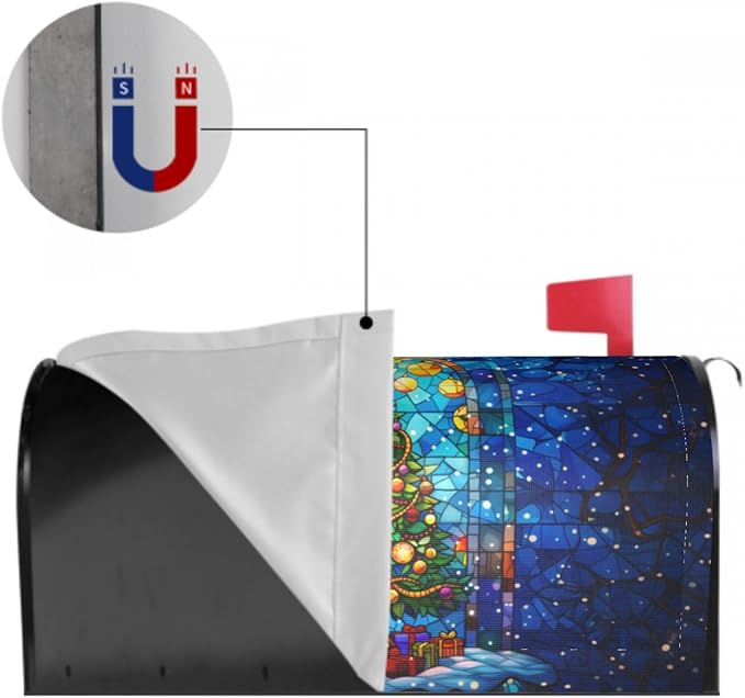 Christmas Tree Stained Glass Blue Winter Mailbox Cover - Magnetic Oversized 25.5 x 21 Holiday Xmas Decorations - Happy New Year Wrap