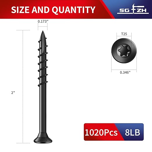 #8 x 2 Inch Deck Screws (1020Pcs) 8lb. Exterior Wood Screws. Carbon Steel, Black, Flat Head, Rust Resistant epoxy Coated, with T25 Star Bit
