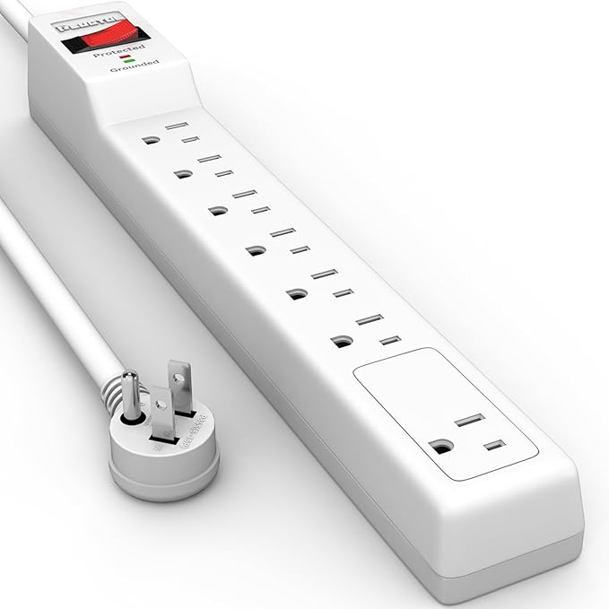 PLUGTUL Surge Protector 12FT (980 Joules), Flat Plug Power Strip, Extension Cord with Multiple Outlets, 7 Outlets, ETL Listed, 14 Gauge, Wall Mountable for Home Office Garage, White