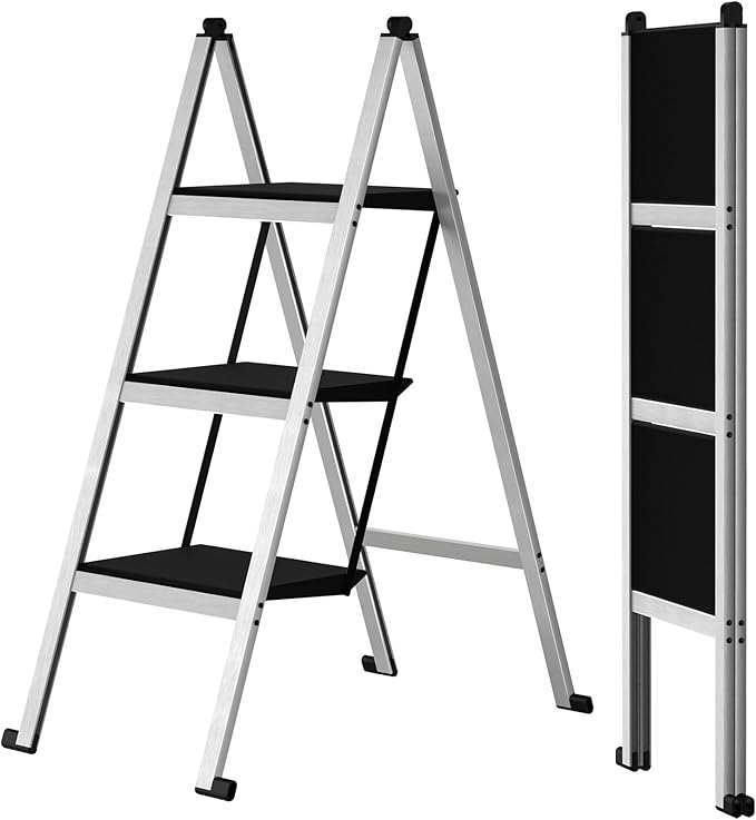 3 Step Ladder,Aluminum Ultra Thin Folding Step Stool,400 Lbs Capacity with Anti-Slip Sturdy and Wide Pedal,Closet Step Ladder for Home,Kitchen and Office,Space Saving (Silvery White, 3-Step)