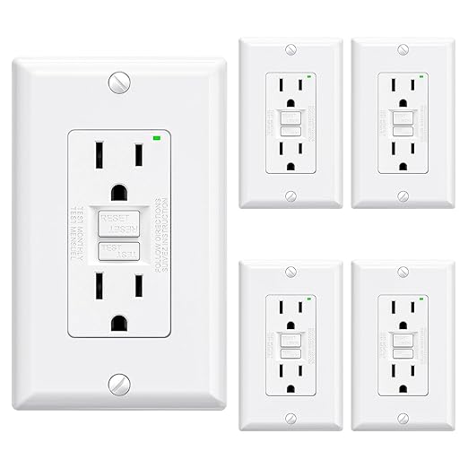 ELEGRP GFCI Outlet 15 Amp, Self-Test GFI Electrical Outlet with Narrow Design, GFCI Receptacle with LED Indicator, UL Listed, White, Wall Plate Included, 5 Pack