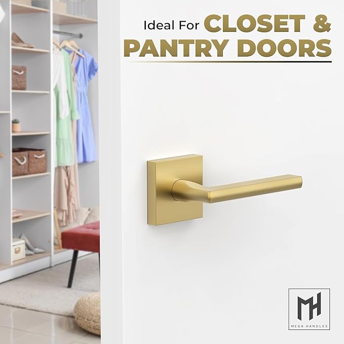 Mega Handles Prime Dummy Door Handles - 6 Pack Heavy Duty Gold Door Handle, Non-Turning Door Handle for Hallway, Closet & French Doors, Single Side, Fits All Standard Doors - Satin Brass