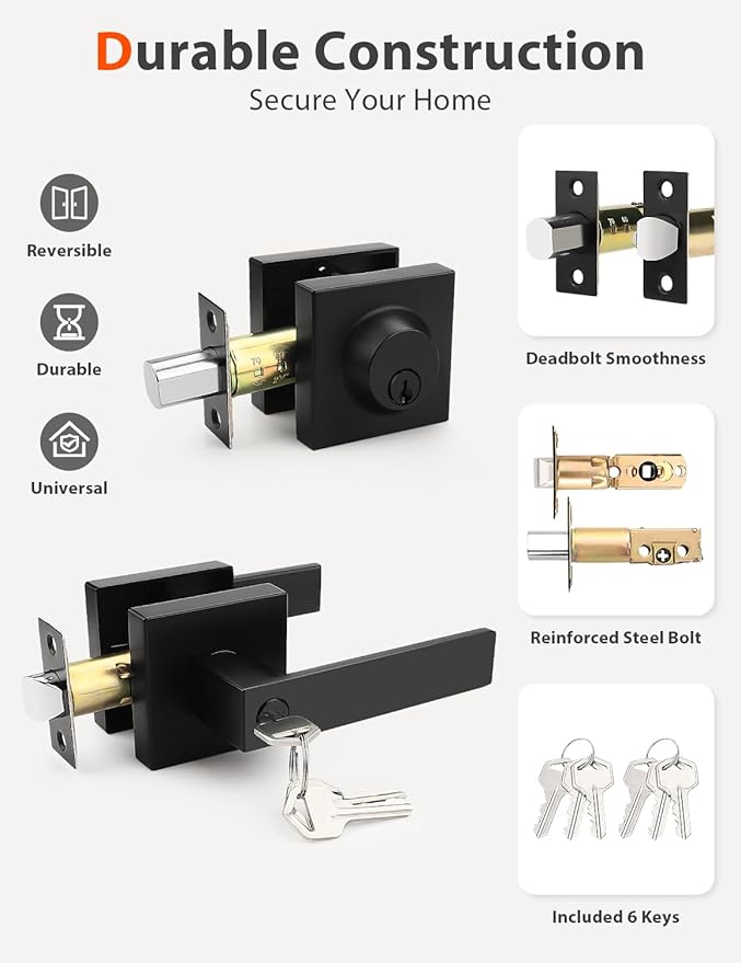 3 Pack Square Keyed Alike Front/Exterior Door Levers with Single Cylinder Deadbolt, Flat Black Entry Door Knob Lock Set with Deadbolt Combination Sets, for Entrance/Front and Office Doors