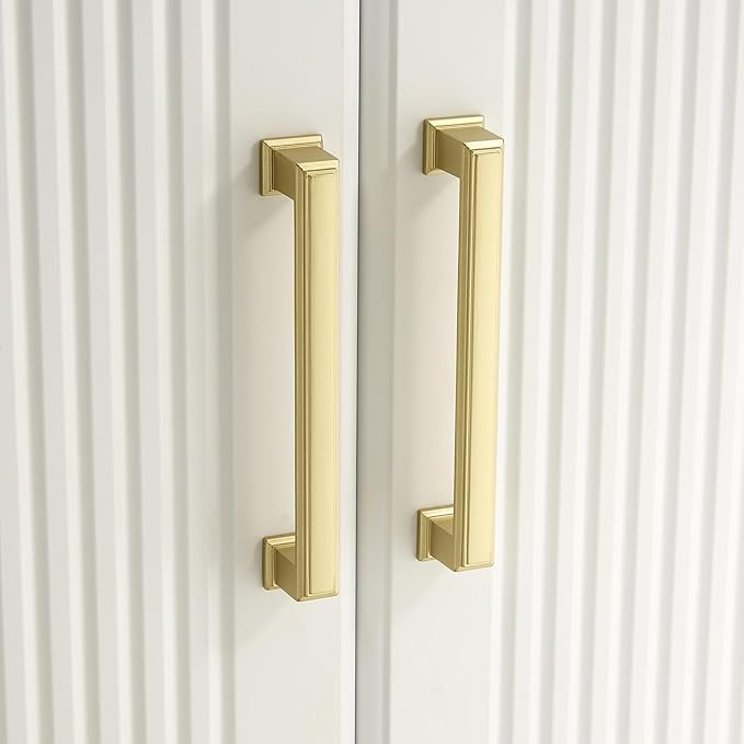 10 Pack 5 Inch(128mm) Hole Center Gold Modern Cabinet Pulls Kitchen Cabinet Handles Kitchen Cabinet Hardware Timeless Drawer Pulls for Dresser Cupboard Wardrobe, P-Gold(5x10)