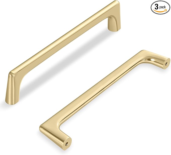 3 Pack 5 Inch(128mm) Hole Center Modern Brushed Gold Cabinet Pull Handle Timeless Vanity Drawer Pull Handle Classic Cabinet Hardware for Kitchen Dresser Bathroom, Screws Included, B-Gold(5x3)
