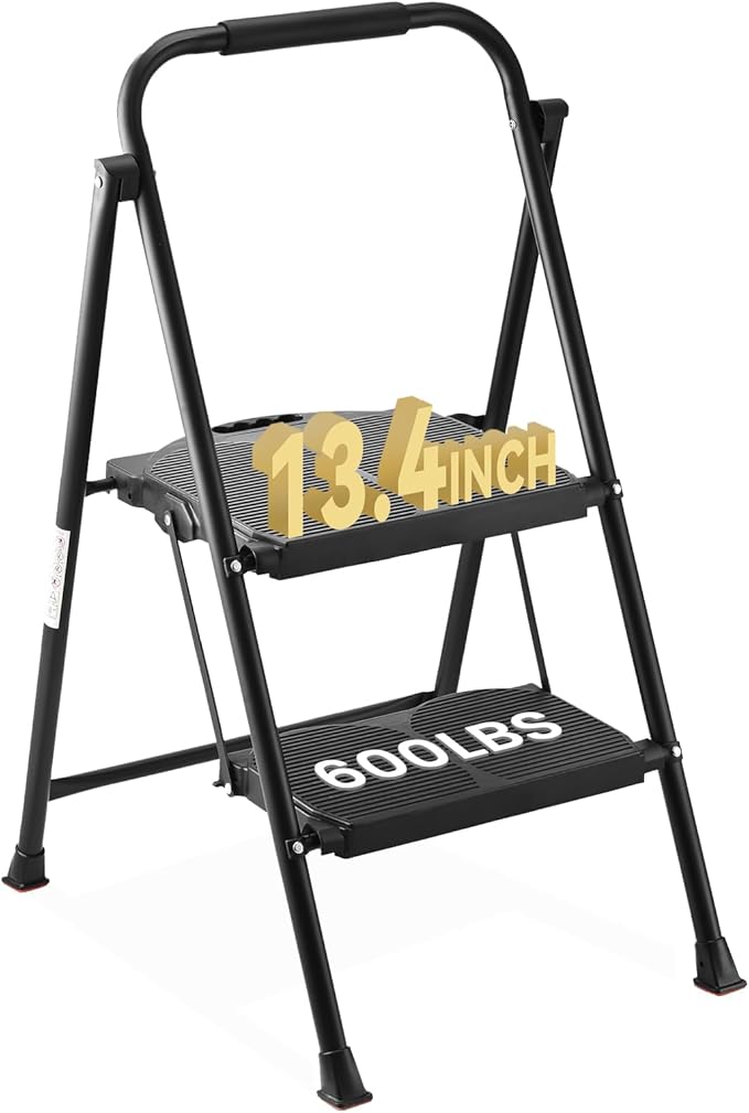 Extra Large & Wide 600lbs Step Ladder 2 Step Folding,Anti-Slip, Heavy Duty, Matte Black