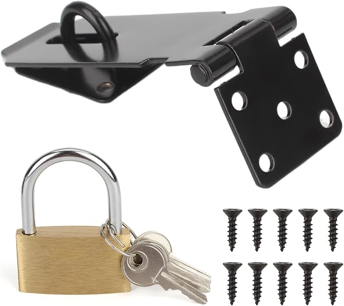 HOWDIA 180 Degree Hasp Lock Latch with Lock, 4 Inch Latch Lock with Screws and Padlock, Stainless Steel Pad Lock Latches Locking Latch Security Door Clasp Hasp for Shed/Gate/Storage Lock(Black)
