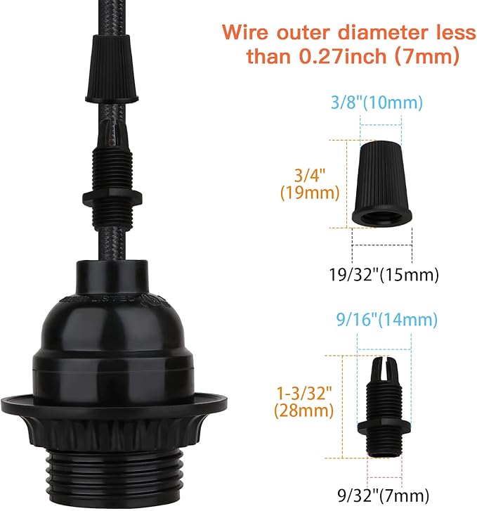 8 Pack E26 E27 Light Sockets, Black Medium Screw Base with Shade Ring, Retro Period Style Edison Lamp Holder, Replacement DIY Making Light Bulb Socket Cover Pendant Lamp Holder Keyless Lamp