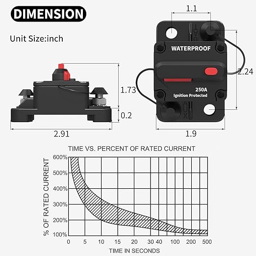 DaierTek 250A Circuit Breaker 12V Waterproof Marine 250 Amp Circuit Breaker 12 Volt for Automotive Car RV Boat -2Pack