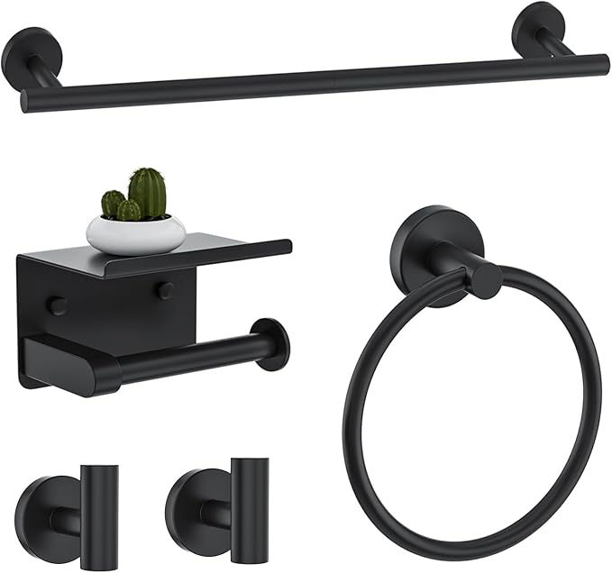 Matte Black Bathroom Hardware Accessories Set 5-Piece Towel Bar Set Includes 23.6in Towel Bar Toilet Paper Holder with Shelf,Towel Holder Set for Bathroom Stainless Steel Wall-Mounted